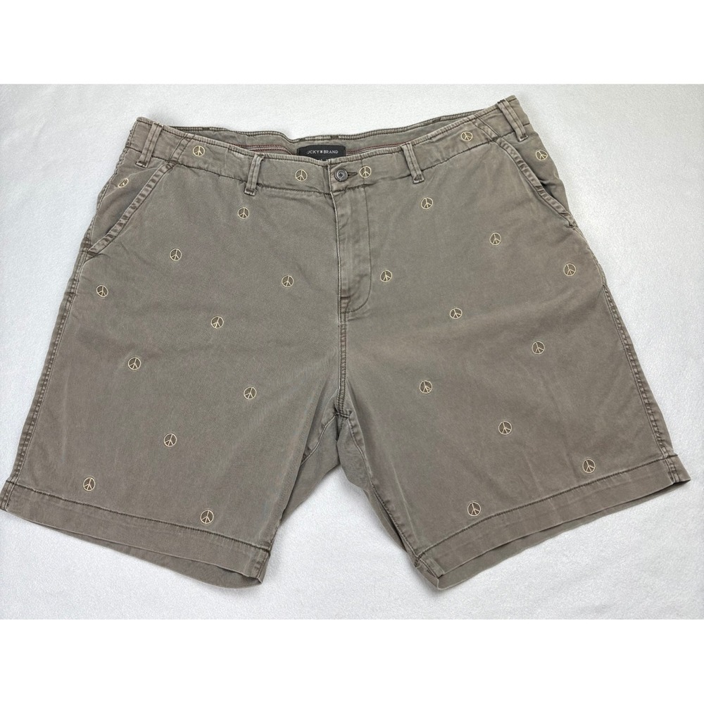 Lucky Brand Mens Peace Sign Embroidered Chino Shorts Green Grey Size 40
